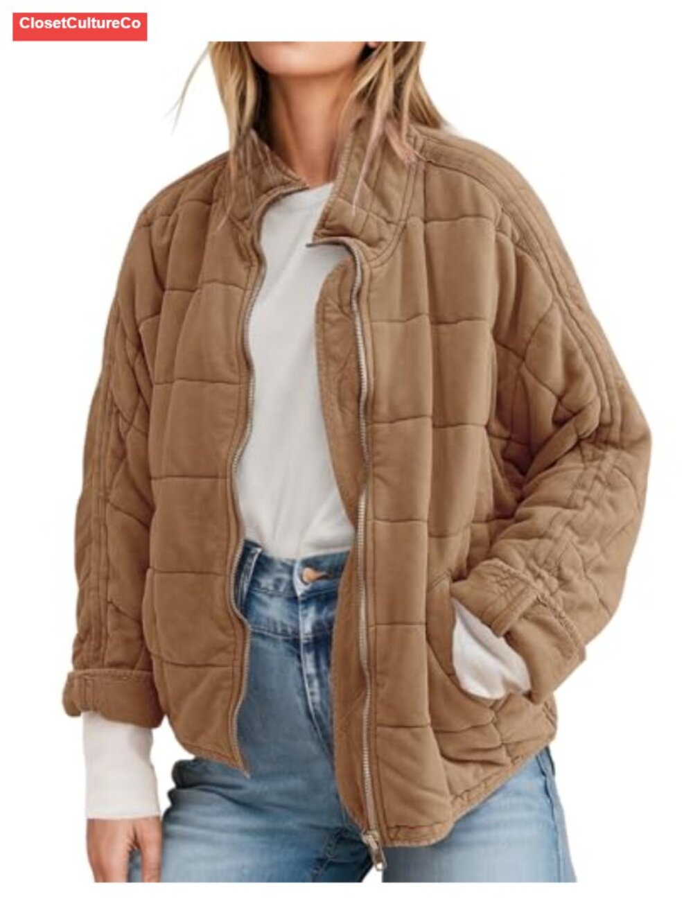 Quilted Lightweight Puffer Zip Up Jacket Polyester Spandex Loose Fit